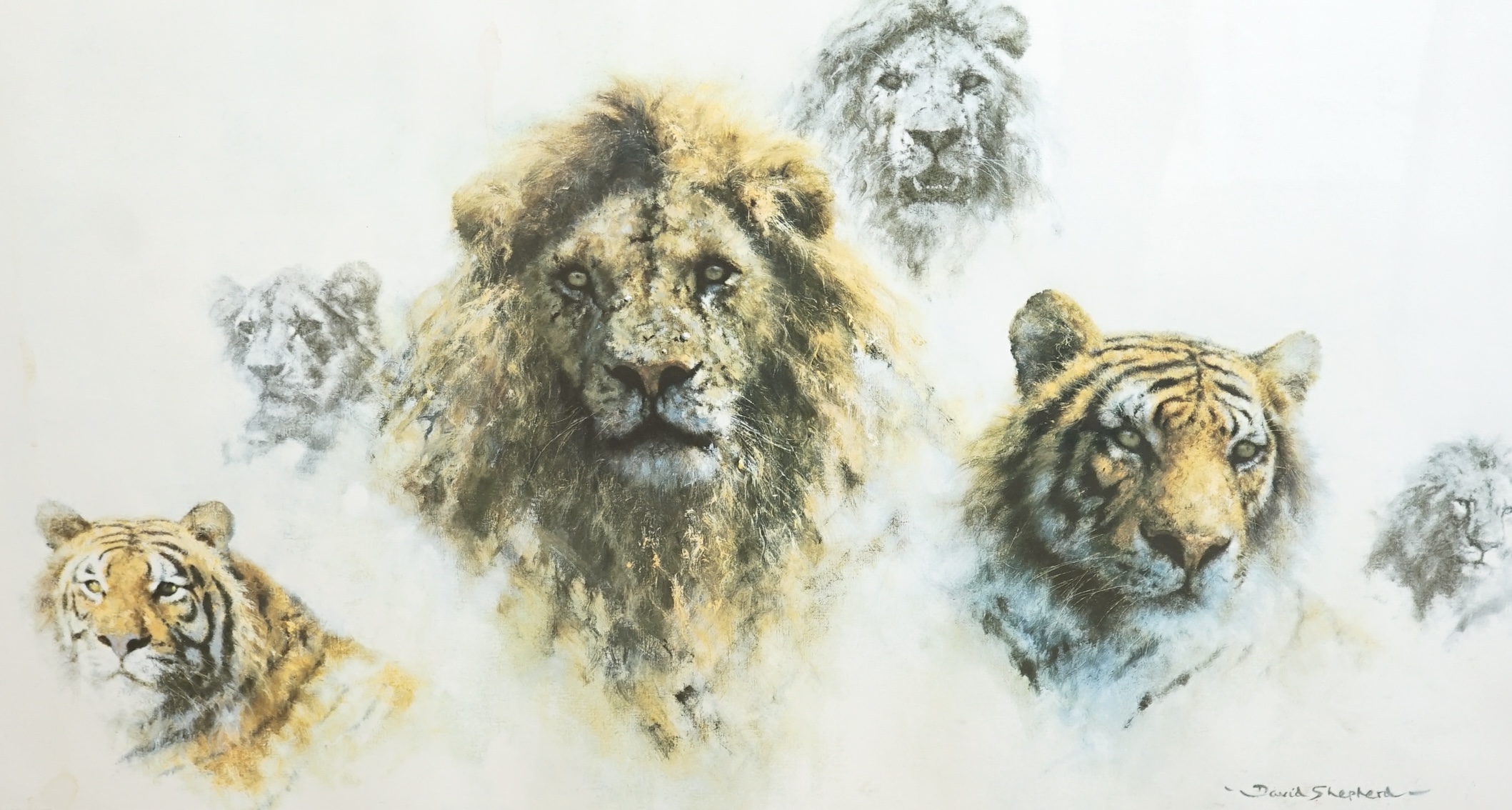 David Shepherd, limited edition print, 'Just Cats', signed in pencil, 615/850, overall visible sheet 53 x 89cm. Condition - fair